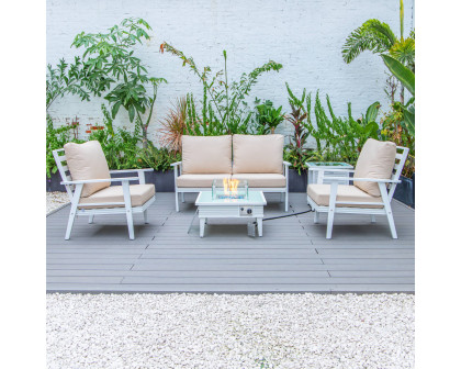 LeisureMod Walbrooke Modern White Patio Conversation With Square Fire Pit With Slats Design & Tank Holder - Beige