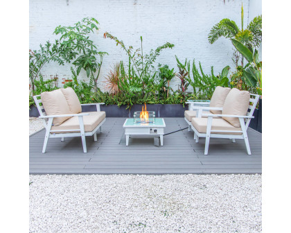 LeisureMod Walbrooke Modern White Patio Conversation With Square Fire Pit With Slats Design & Tank Holder - Beige