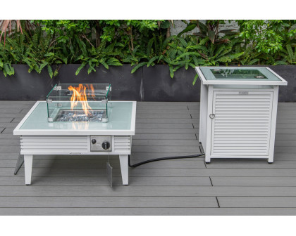 LeisureMod Walbrooke Modern White Patio Conversation With Square Fire Pit With Slats Design & Tank Holder - Beige