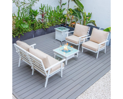 LeisureMod Walbrooke Modern White Patio Conversation With Square Fire Pit With Slats Design & Tank Holder - Beige