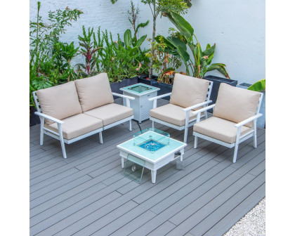 LeisureMod Walbrooke Modern White Patio Conversation With Square Fire Pit With Slats Design & Tank Holder - Beige