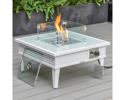 LeisureMod Walbrooke Modern White Patio Conversation With Square Fire Pit With Slats Design & Tank Holder - Beige