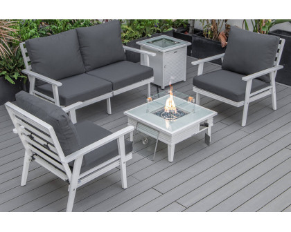 LeisureMod Walbrooke Modern Black Patio Conversation With Square Fire Pit With Slats Design & Tank Holder