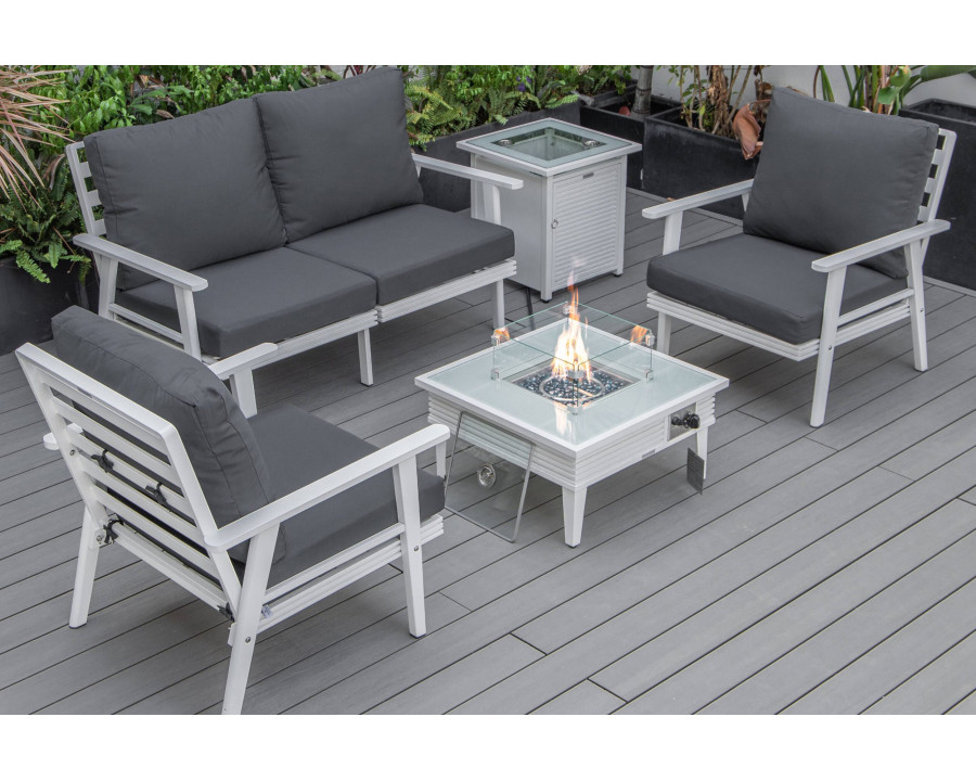 LeisureMod Walbrooke Modern White Patio Conversation With Square Fire Pit With Slats Design & Tank Holder - Charcoal