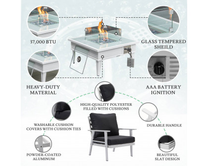 LeisureMod Walbrooke Modern White Patio Conversation With Square Fire Pit With Slats Design & Tank Holder - Charcoal