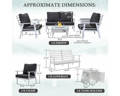 LeisureMod Walbrooke Modern White Patio Conversation With Square Fire Pit With Slats Design & Tank Holder - Charcoal