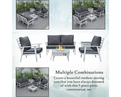 LeisureMod Walbrooke Modern White Patio Conversation With Square Fire Pit With Slats Design & Tank Holder - Charcoal