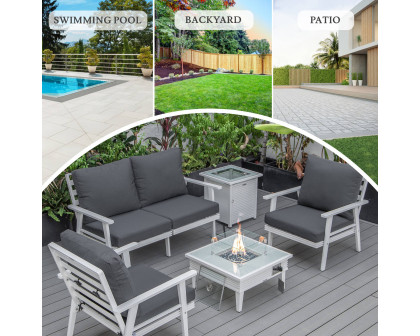 LeisureMod Walbrooke Modern White Patio Conversation With Square Fire Pit With Slats Design & Tank Holder - Charcoal