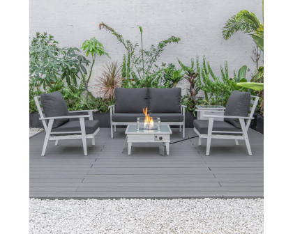 LeisureMod Walbrooke Modern White Patio Conversation With Square Fire Pit With Slats Design & Tank Holder - Charcoal