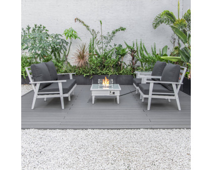 LeisureMod Walbrooke Modern White Patio Conversation With Square Fire Pit With Slats Design & Tank Holder - Charcoal