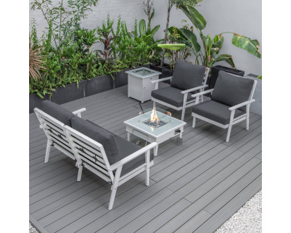 LeisureMod Walbrooke Modern White Patio Conversation With Square Fire Pit With Slats Design & Tank Holder - Charcoal