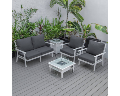 LeisureMod Walbrooke Modern White Patio Conversation With Square Fire Pit With Slats Design & Tank Holder - Charcoal