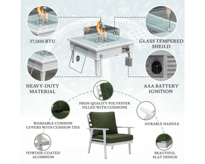 LeisureMod Walbrooke Modern White Patio Conversation With Square Fire Pit With Slats Design & Tank Holder - Green