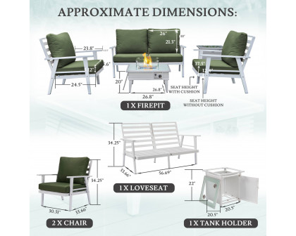 LeisureMod Walbrooke Modern White Patio Conversation With Square Fire Pit With Slats Design & Tank Holder - Green