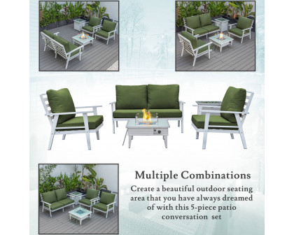 LeisureMod Walbrooke Modern White Patio Conversation With Square Fire Pit With Slats Design & Tank Holder - Green