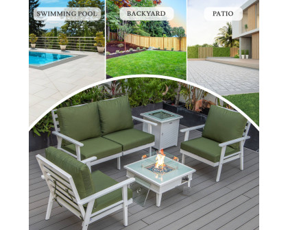 LeisureMod Walbrooke Modern White Patio Conversation With Square Fire Pit With Slats Design & Tank Holder - Green