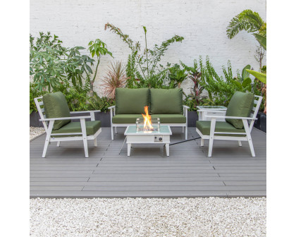 LeisureMod Walbrooke Modern White Patio Conversation With Square Fire Pit With Slats Design & Tank Holder - Green