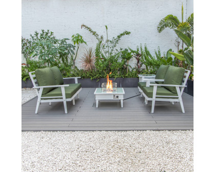 LeisureMod Walbrooke Modern White Patio Conversation With Square Fire Pit With Slats Design & Tank Holder - Green