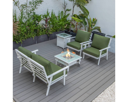 LeisureMod Walbrooke Modern White Patio Conversation With Square Fire Pit With Slats Design & Tank Holder - Green