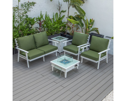 LeisureMod Walbrooke Modern White Patio Conversation With Square Fire Pit With Slats Design & Tank Holder - Green