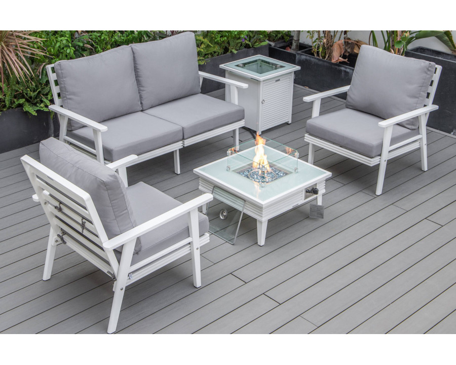 LeisureMod Walbrooke Modern White Patio Conversation With Square Fire Pit With Slats Design & Tank Holder - Gray