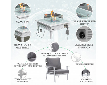 LeisureMod Walbrooke Modern White Patio Conversation With Square Fire Pit With Slats Design & Tank Holder - Gray