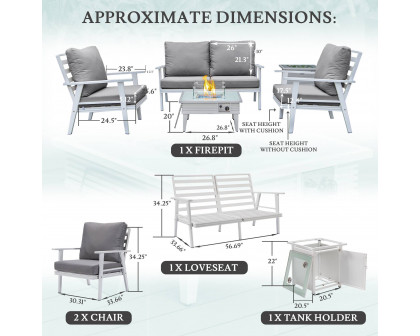 LeisureMod Walbrooke Modern White Patio Conversation With Square Fire Pit With Slats Design & Tank Holder - Gray