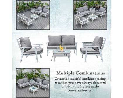 LeisureMod Walbrooke Modern White Patio Conversation With Square Fire Pit With Slats Design & Tank Holder - Gray