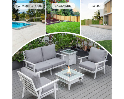 LeisureMod Walbrooke Modern White Patio Conversation With Square Fire Pit With Slats Design & Tank Holder - Gray