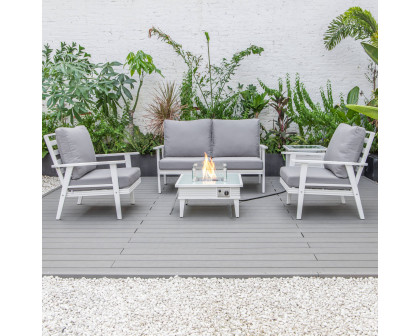 LeisureMod Walbrooke Modern White Patio Conversation With Square Fire Pit With Slats Design & Tank Holder - Gray