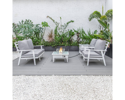 LeisureMod Walbrooke Modern White Patio Conversation With Square Fire Pit With Slats Design & Tank Holder - Gray