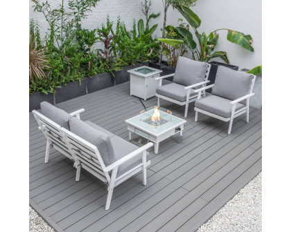 LeisureMod Walbrooke Modern White Patio Conversation With Square Fire Pit With Slats Design & Tank Holder - Gray