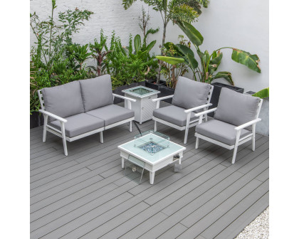 LeisureMod Walbrooke Modern White Patio Conversation With Square Fire Pit With Slats Design & Tank Holder - Gray