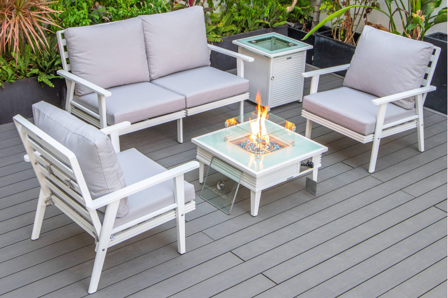 LeisureMod™ Walbrooke Modern White Patio Conversation With Square Fire Pit With Slats Design & Tank Holder - Light Gray