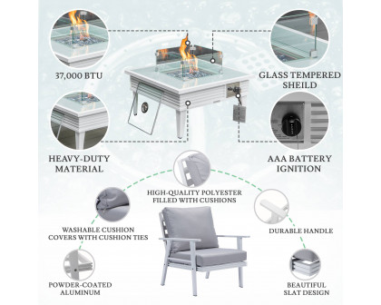 LeisureMod™ Walbrooke Modern White Patio Conversation With Square Fire Pit With Slats Design & Tank Holder - Light Gray