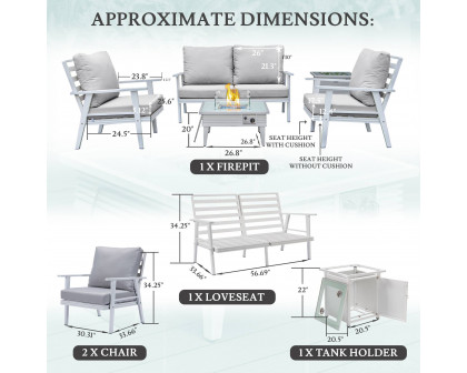 LeisureMod™ Walbrooke Modern White Patio Conversation With Square Fire Pit With Slats Design & Tank Holder - Light Gray