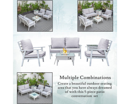 LeisureMod™ Walbrooke Modern White Patio Conversation With Square Fire Pit With Slats Design & Tank Holder - Light Gray