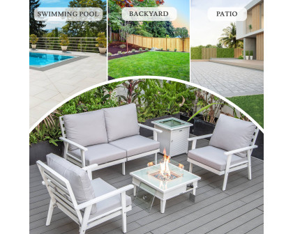 LeisureMod™ Walbrooke Modern White Patio Conversation With Square Fire Pit With Slats Design & Tank Holder - Light Gray