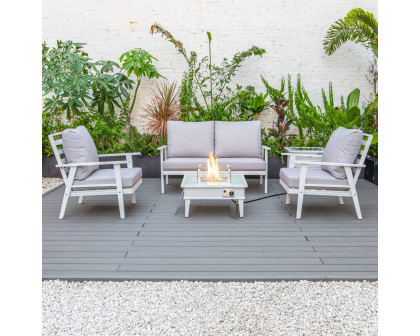 LeisureMod™ Walbrooke Modern White Patio Conversation With Square Fire Pit With Slats Design & Tank Holder - Light Gray