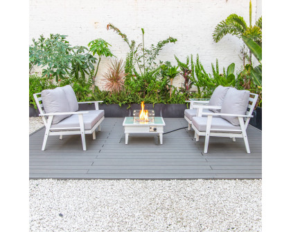 LeisureMod™ Walbrooke Modern White Patio Conversation With Square Fire Pit With Slats Design & Tank Holder - Light Gray