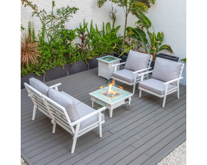 LeisureMod™ Walbrooke Modern White Patio Conversation With Square Fire Pit With Slats Design & Tank Holder - Light Gray