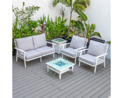 LeisureMod™ Walbrooke Modern White Patio Conversation With Square Fire Pit With Slats Design & Tank Holder - Light Gray