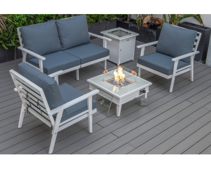 LeisureMod Walbrooke Modern Black Patio Conversation With Square Fire Pit With Slats Design & Tank Holder