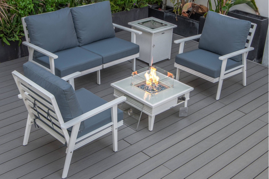 LeisureMod™ Walbrooke Modern White Patio Conversation With Square Fire Pit With Slats Design & Tank Holder - Navy Blue