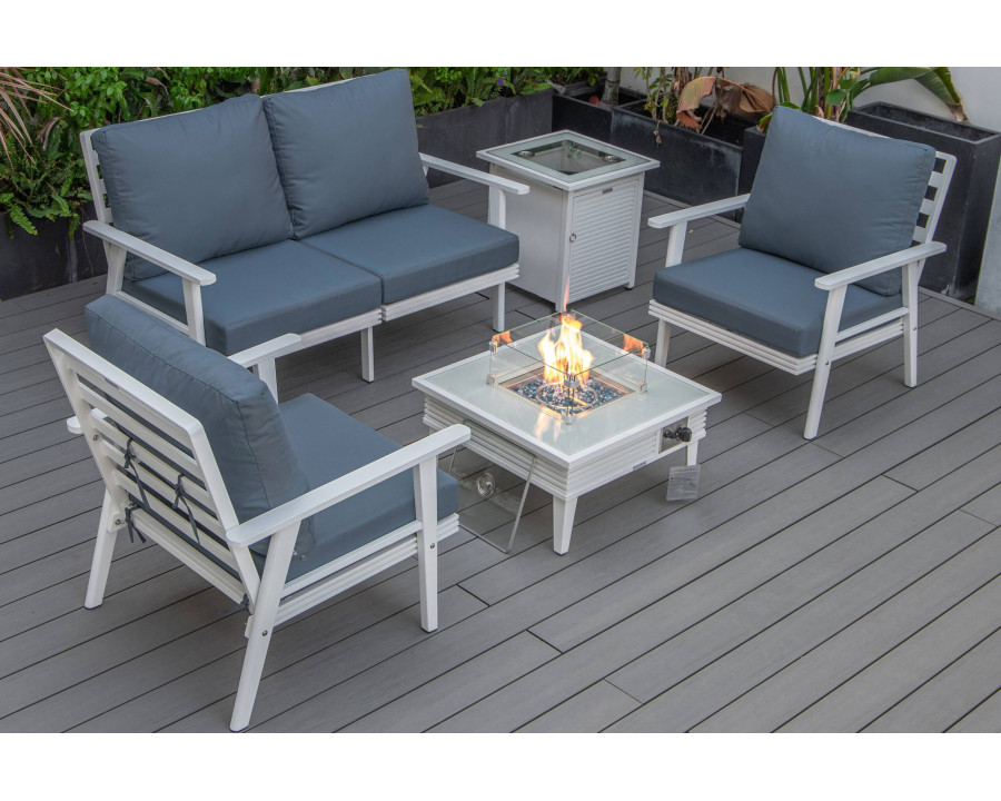 LeisureMod Walbrooke Modern White Patio Conversation With Square Fire Pit With Slats Design & Tank Holder - Navy Blue