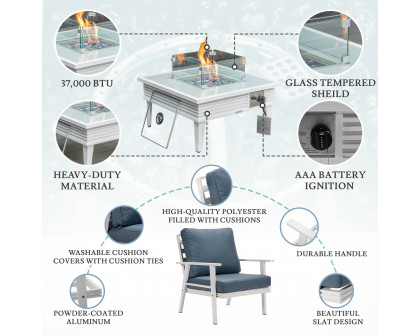 LeisureMod™ Walbrooke Modern White Patio Conversation With Square Fire Pit With Slats Design & Tank Holder - Navy Blue