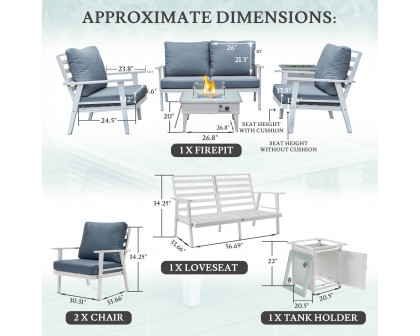 LeisureMod™ Walbrooke Modern White Patio Conversation With Square Fire Pit With Slats Design & Tank Holder - Navy Blue