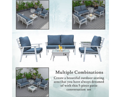 LeisureMod™ Walbrooke Modern White Patio Conversation With Square Fire Pit With Slats Design & Tank Holder - Navy Blue