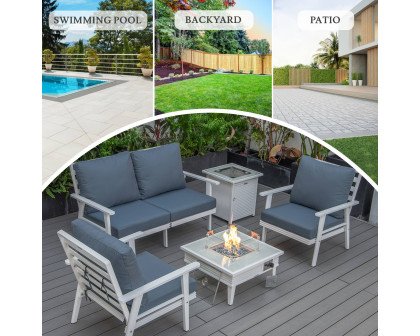 LeisureMod™ Walbrooke Modern White Patio Conversation With Square Fire Pit With Slats Design & Tank Holder - Navy Blue