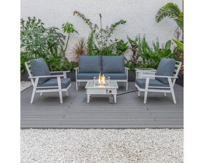 LeisureMod™ Walbrooke Modern White Patio Conversation With Square Fire Pit With Slats Design & Tank Holder - Navy Blue